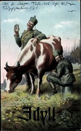 Künstler Ak Idyll, Soldaten melken eine Kuh