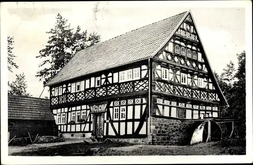 Ak Ilbeshausen Hochwaldhausen Grebenhain im Vogelsbergkreis, Teufelsmühle, Wasserrad, Fachwerkhaus