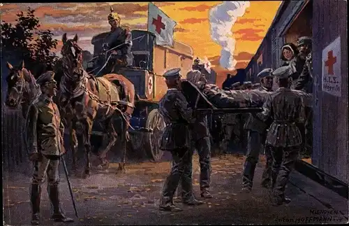 Künstler Ak Hoffmann, Anton, Verwundeter Soldat, Sanitäter, Dampflok, Rotes Kreuz, I. WK