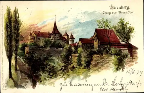 Sonnenschein Litho Nürnberg in Mittelfranken Bayern, Burg vom neuen Tor