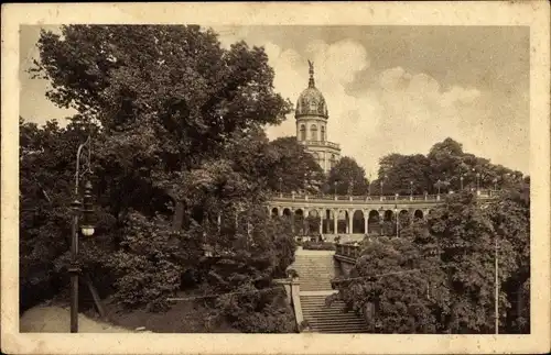 Ak Wrocław Breslau Schlesien, Bellevue Liebichshöhe, Treppe, Turm, Arkadengang, Bäume