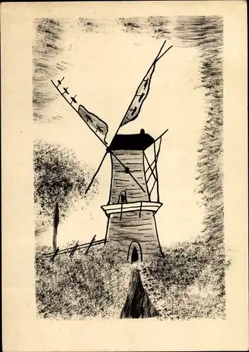 Handgemalt Ak Landschaftsansicht, Windmühle