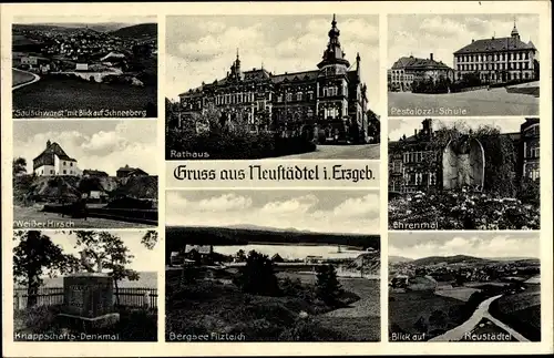 Ak Neustädtel Schneeberg Erzgebirge, Rathaus, Weißer Hirsch, Pestalozzi Schule, Knappschaftsdenkmal