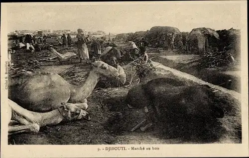 Ak Djibouti Dschibuti, Marché au bois, Holzmarkt, Kamele