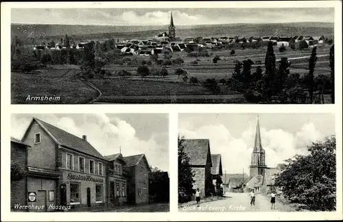 Ak Armsheim Rheinland Pfalz, Warenhaus Gustav Hosseus, Kirche, Panorama