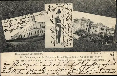 Ak Kiel, 1. & 4. Comp. Kais. I. Seebataillon, Etablissement Concordia, II. Kaserne, Kaisergeburtstag