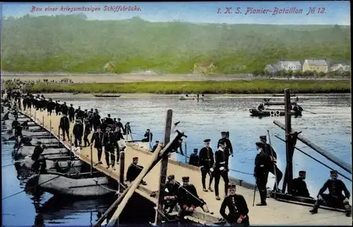 Ak 1. K. S. Pionier Bataillon No. 12, Bau einer kriegsmässigen Schiffbrücke