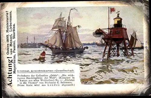 Künstler Ak Salzmann, C., Einfahrt in die Themse, Segelschiff, Leuchtturm, Londoner Hafen, IAG Orbis