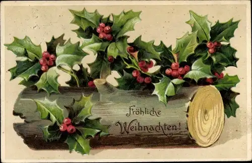 Präge Ak Frohe Weihnachten, Stachelpalme, Baumstamm
