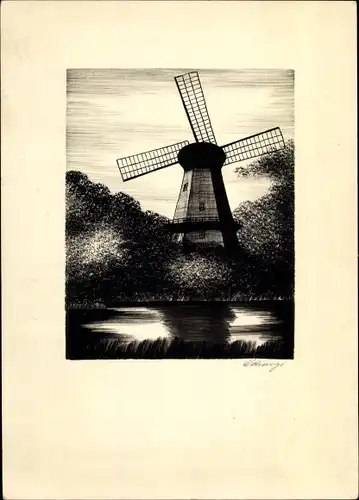 Handgemalt Ak Landschaftsansicht, Windmühle