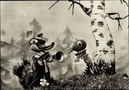 Ak TV Figuren Herr Fuchs u. Frau Elster, Trompete, Sandmännchen, DDR Kinderfernsehen