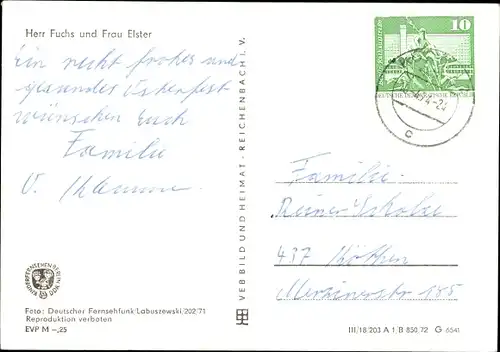 Ak TV Figuren Herr Fuchs u. Frau Elster, Trompete, Sandmännchen, DDR Kinderfernsehen