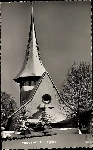 Ak Rougemont Kt. Waadt Schweiz, l'Église, hiver, neige