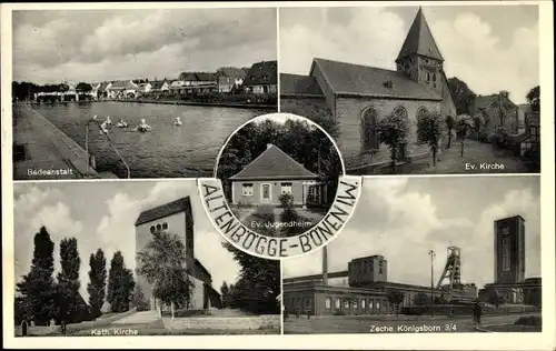Ak Altenbögge Bönen in Westfalen, Badeanstalt, Ev. Kirche, Kath. Kirche, Zeche Königsborn 3/4