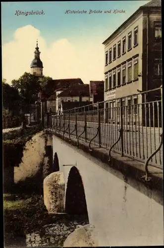 Ak Königsbrück in der Oberlausitz, Historische Brücke und Kirche