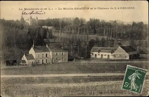 Ak La Membrolle sur Longuenée Indre et Loire, Le Moulin Graffin et le Château de l'Aubrière