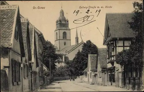 Ak Groß Groß Gerau in Hessen, Hellwigstraße, Ev. Kirche