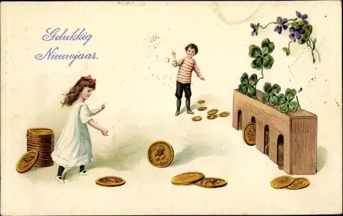 Präge Ak Glückwunsch Neujahr, Gelukkig Nieuwjaar, Rollspiel mit Münzen, Klee, Kinder