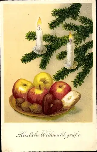Ak Frohe Weihnachten, Tannenbaum, Kerzen, Gabenteller, Nüsse, Lebkuchen, Äpfel
