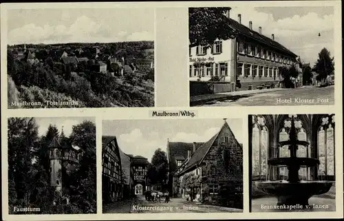 Ak Maulbronn im Schwarzwald, Hotel Kloster Post, Faustturm, Klostereingang, Brunnenkapelle