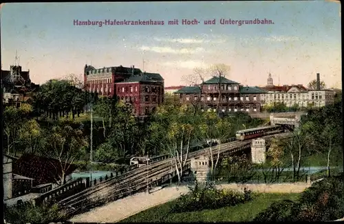 Ak Hamburg Mitte St. Pauli, Hafenkrankenhaus, Hoch- und Untergrundbahn