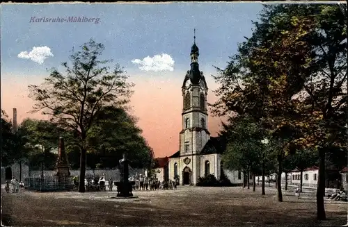 Ak Mühlberg Karlsruhe in Baden Württemberg, Kirche, Platz