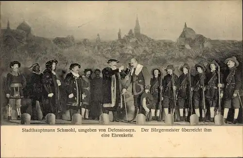 Ak Freiberg in Sachsen, Stadthauptmann Schmohl, umgeben v. Defensionern, Bürgermeister, Ehrenkette