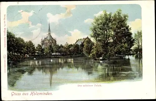 Ak Holzminden in Niedersachsen, Teich, Kirche