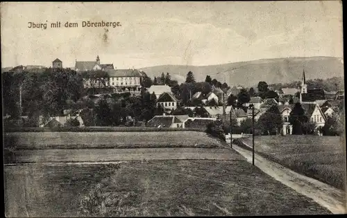 Ak Bad Iburg in Niedersachsen, Teilansicht vom Ort, Schloss, Kirche, Dörenberg, Feldweg