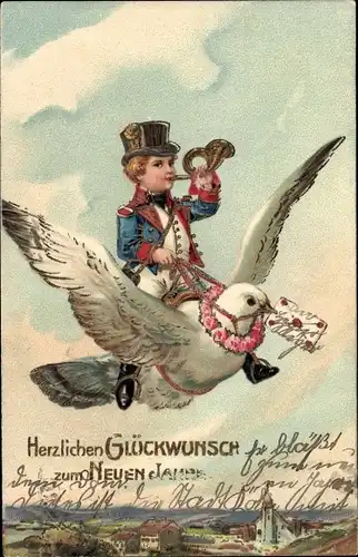 Präge Ak Glückwunsch Neujahr, Postbote, Brieftaube