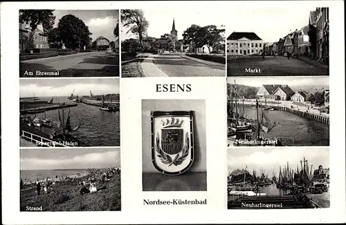 Ak Esens in Niedersachsen, Ehrenmal, Markt, Strand, Wappen, Neuharlingersiel