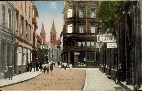 Ak Kaiserslautern, Steinstraße Ecke Marktstraße, Schuhwarenlager F. A. Efsch, Kirche