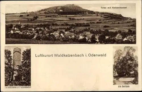 Ak Waldkatzenbach Waldbrunn Odenwald, Aussichtsturm Katzenbuckel, Dorflinde, Panorama