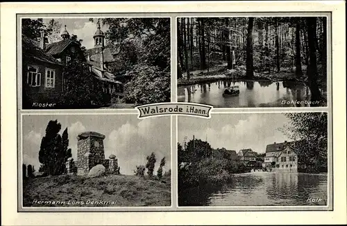 Ak Walsrode in der Lüneburger Heide, Kloster, Bohlenbach, Kolk, Hermann Löns Denkmal