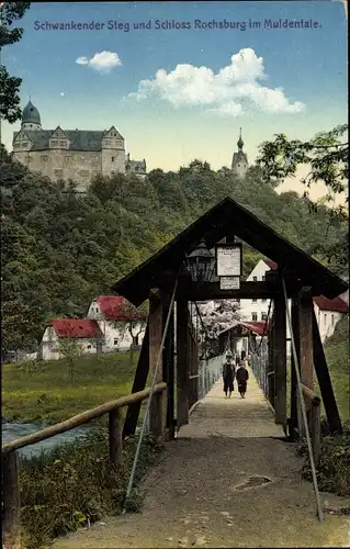 Ak Lunzenau in Sachsen, Schwankender Steg, Schloss Rochsburg, Muldental
