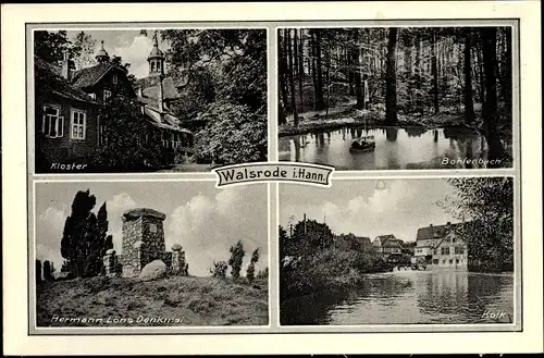 Ak Walsrode in der Lüneburger Heide, Kloster, Kolk, Hermann Löns Denkmal, Bohlenbach