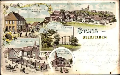 Litho Beerfelden in Hessen, Gasthaus zum Mohren am Metzkeil, Mümling Quellen, Kirche, Galgen