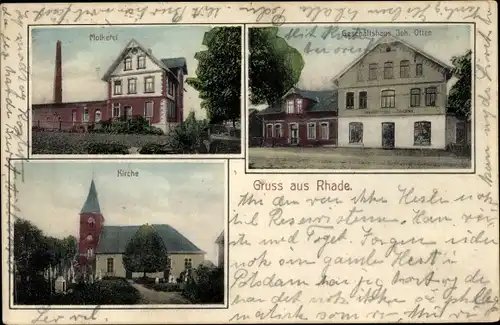 Ak Rhade in Niedersachsen, Molkerei, Kirche, Geschäftshaus