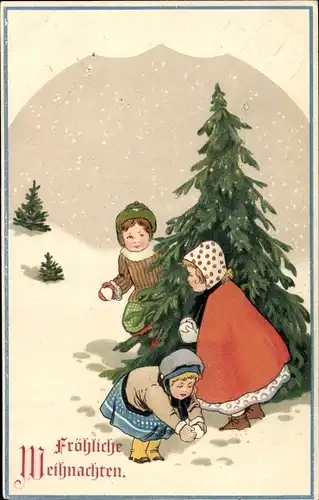 Präge Ak Frohe Weihnachten, Tannenbäume, Kinder, Schnee