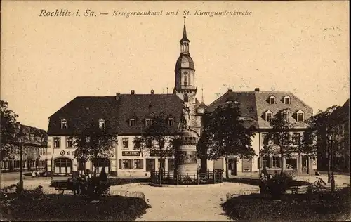 Ak Rochlitz an der Mulde, Kriegerdenkmal, St. Kunigundenkirche