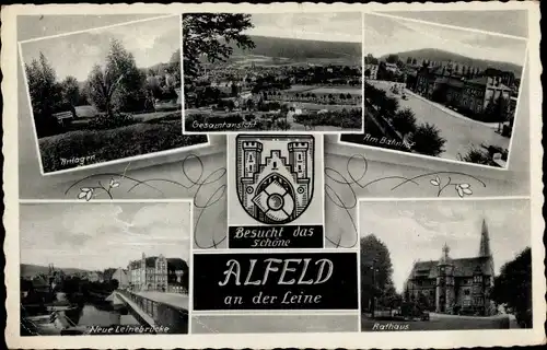 Wappen Ak Alfeld an der Leine, Anlagen, Am Bahnhof, Neue Leinebrücke, Rathaus