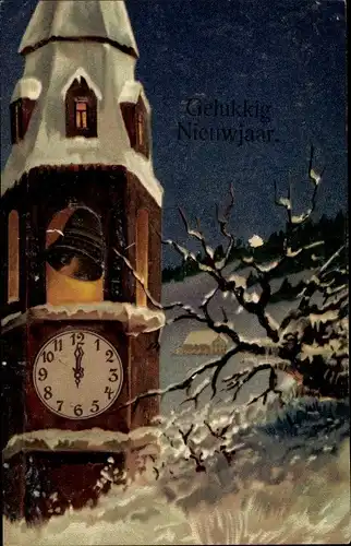 Präge Ak Gelukkig Nieuwjaar, Glückwunsch Neujahr, Uhr, Glocke, Glockenturm
