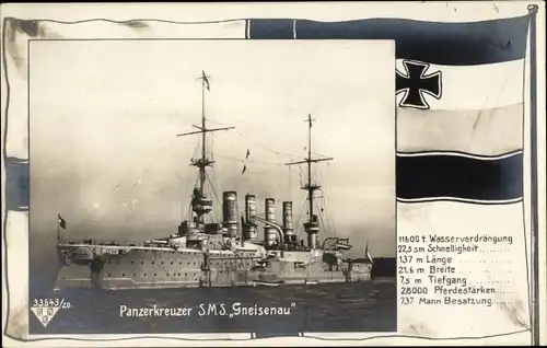 Passepartout Ak Deutsches Kriegsschiff, SMS Gneisenau, Panzerkreuzer, Kaiserliche Marine
