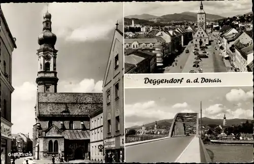 Ak Deggendorf im Bayerischen Wald Niederbayern, Grabkirche, Brücke, Marktplatz