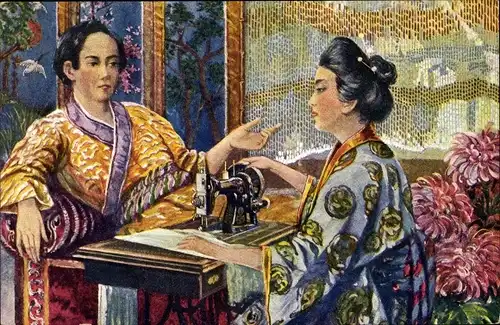 Ak Japanische Näherin an Nähmaschine, sitzender Mann, Kimono, japanische Tracht