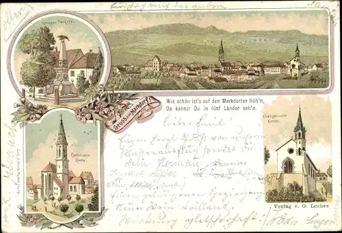 Litho Markdorf Bodensee, Kriegerdenkmal, Kath. Kirche, Ev. Kirche, Gesamtansicht