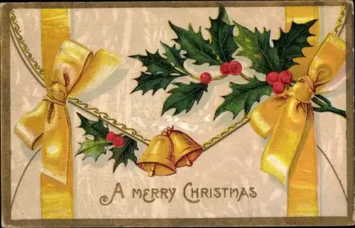 Präge Ak Frohe Weihnachten, Merry Christmas, Glocken, Stechpalmen