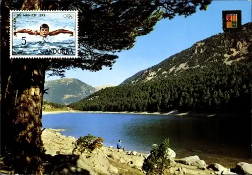Briefmarken Ak Andorra, Lac d'Engolasters, vue panoramique, rive, collines, blason