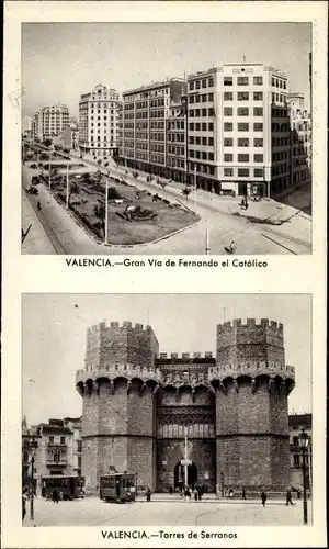 Ak Valencia Stadt Spanien, Gran Via de Fernando el Católico, Torres de Serranos