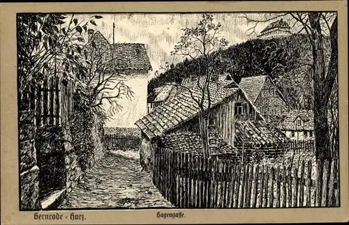 Künstler Ak Gernrode Quedlinburg im Harz, Hagengasse, Gartenzäune, Häuser, Haus auf Hügel